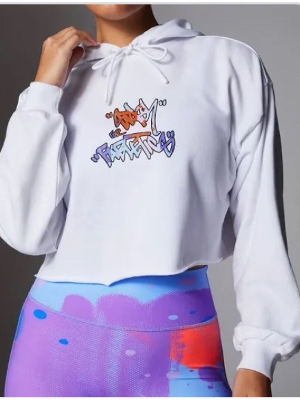 Fabletics REBOUND White Cropped Hoodie with Multicolor Graffiti Graphic